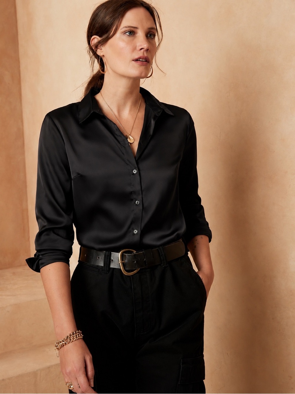 NWT Banana Republic Black Satin Classic Shirt Blouse Petite Small